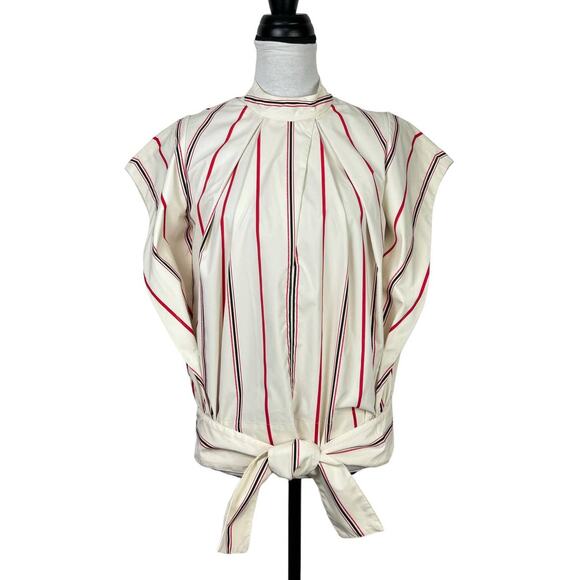 3.1 PHILLIP LIM | Ivory Red Striped Stand Collar Cap Sleeve Tie Hem Designer Top - Picture 4 of 15